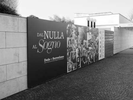 ALBA, ITALY - CIRCA FEBRUARY 2019: Dal Nulla al Sogno (meaning From Nothing to Dream) Dada and Surrealism exhibition at Fondazione Ferrero art gallery in black and whiteのeditorial素材
