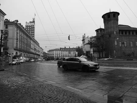 TURIN, ITALY - CIRCA NOVEMBER 2018: The Piazza Castello square in black and whiteのeditorial素材