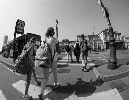 TURIN, ITALY - CIRCA SEPTEMBER 2018: Torino Porta Susa railway station seen through fisheye lens in black and whiteのeditorial素材