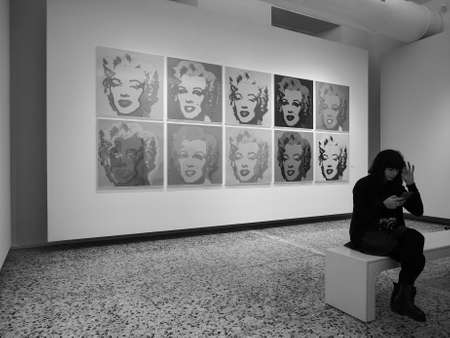 TURIN, ITALY - CIRCA NOVEMBER 2018: Visitor at CAMERA POP. Photography in The Pop Art Of Warhol, Schifano exhibition in black and whiteのeditorial素材