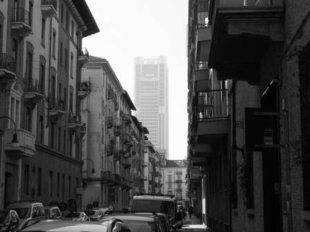 TURIN, ITALY - CIRCA FEBRUARY 2019: Intesa San Paolo headquarters skyscraper designed by Renzo Piano in black and whiteのeditorial素材