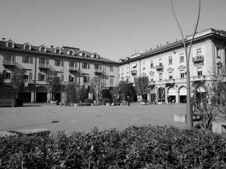 ALBA, ITALY - CIRCA FEBRUARY 2019: Piazza Michele Ferrero (previously known as Piazza Savona) square in black and whiteのeditorial素材