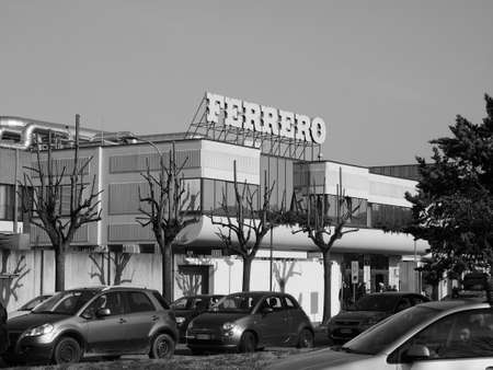 ALBA, ITALY - CIRCA FEBRUARY 2019: Ferrero chocolate producer and confectionery company headquarters in black and whiteのeditorial素材