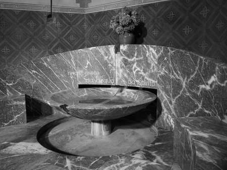 ALBA, ITALY - CIRCA FEBRUARY 2019: Baptistery of Duomo di San Lorenzo (St Lawrence cathedral) in black and whiteのeditorial素材