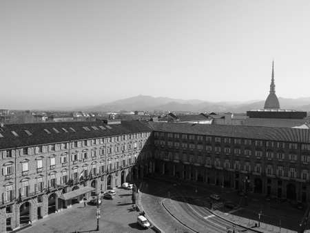 TURIN, ITALY - CIRCA FEBRUARY 2019: Aerial view of the city in black and white