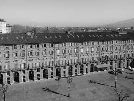 TURIN, ITALY - CIRCA FEBRUARY 2019: Aerial view of the city in black and white