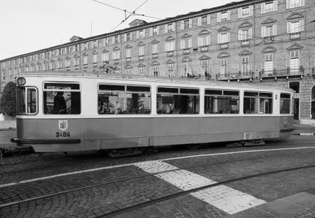 TURIN, ITALY - CIRCA DECEMBER 2018: Vintage German 3404 tram trailer at Turin Trolley Festival in black and whiteのeditorial素材