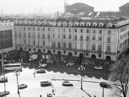 TURIN, ITALY - CIRCA FEBRUARY 2019: Aerial view of the city in black and whiteのeditorial素材