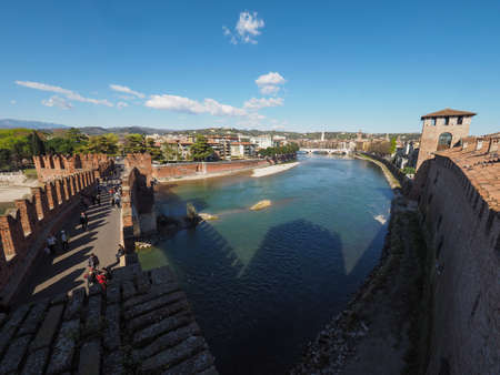 VERONA, ITALY - CIRCA MARCH 2019: Ponte di Castelvecchio (meaning Old Castle Bridge) aka Ponte Scaligero (meaning Scaliger Bridge) over river Adigeのeditorial素材