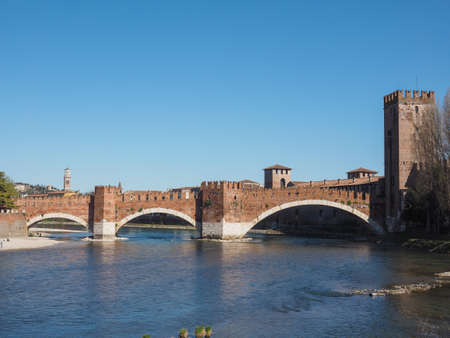 Ponte di Castelvecchio (meaning Old Castle Bridge) aka Ponte Scaligero (meaning Scaliger Bridge) over river Adige in Verona, Italyのeditorial素材