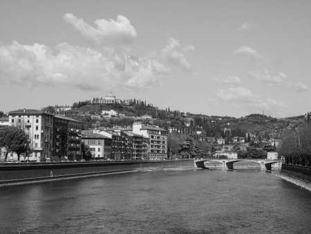 View of River Adige in Verona, Italy in black and whiteの写真素材
