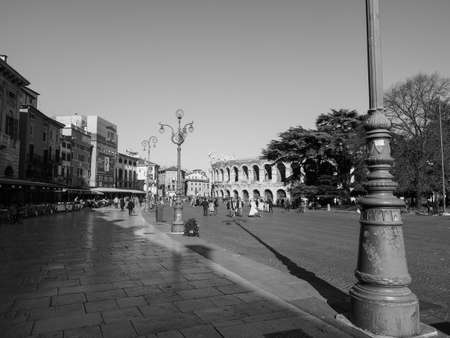 VERONA, ITALY - CIRCA MARCH 2019: View of the city centre and Arena in Piazza Bra square in black and whiteのeditorial素材