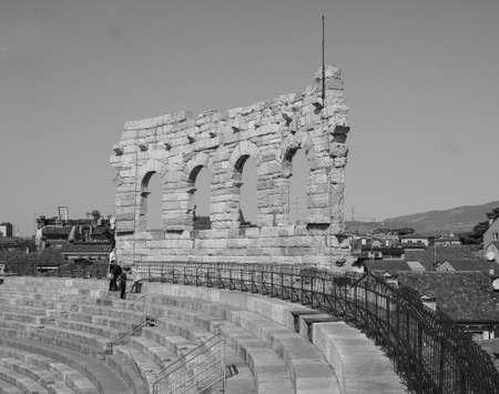 VERONA, ITALY - CIRCA MARCH 2019: Arena di Verona roman amphitheatre in black and whiteのeditorial素材