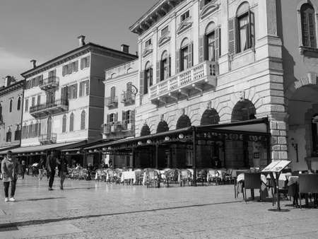 VERONA, ITALY - CIRCA MARCH 2019: Piazza Bra square in black and whiteのeditorial素材