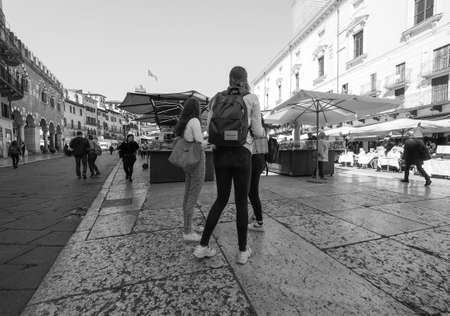 VERONA, ITALY - CIRCA MARCH 2019: Piazza delle Erbe (meaning Market Square) in black and whiteのeditorial素材