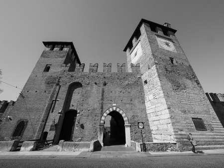 VERONA, ITALY - CIRCA MARCH 2019: Castelvecchio (meaning Old Castle) in black and whiteのeditorial素材