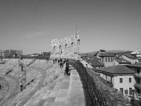VERONA, ITALY - CIRCA MARCH 2019: Arena di Verona roman amphitheatre in black and whiteのeditorial素材