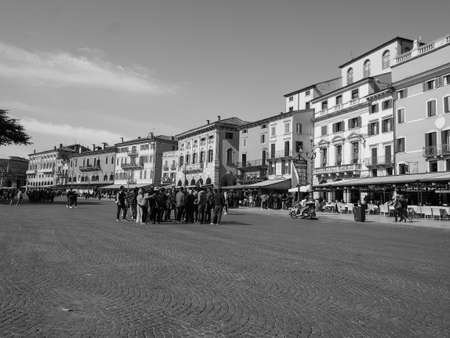 VERONA, ITALY - CIRCA MARCH 2019: Piazza Bra square in black and whiteのeditorial素材