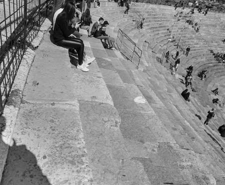 VERONA, ITALY - CIRCA MARCH 2019: Arena di Verona roman amphitheatre in black and whiteのeditorial素材