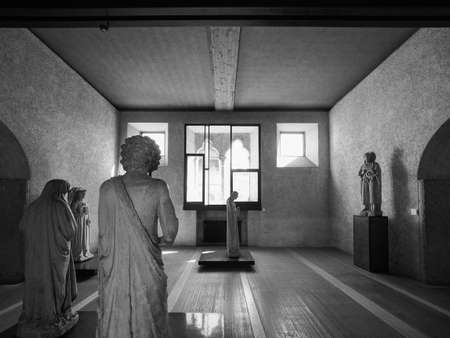 VERONA, ITALY - CIRCA MARCH 2019: Castelvecchio museum designed by architect Carlo Scarpa in Castelvecchio castle in black and whiteのeditorial素材