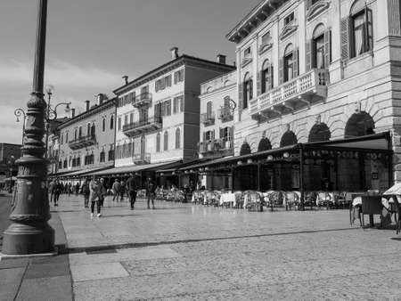 VERONA, ITALY - CIRCA MARCH 2019: Piazza Bra square in black and whiteのeditorial素材