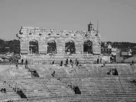 VERONA, ITALY - CIRCA MARCH 2019: Arena di Verona roman amphitheatre in black and whiteのeditorial素材