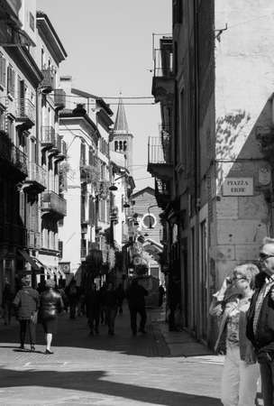 VERONA, ITALY - CIRCA MARCH 2019: Piazza delle Erbe (meaning Market Square) in black and whiteのeditorial素材