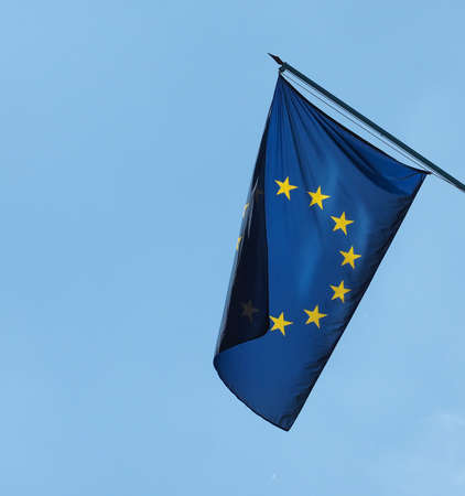 flag of the European Union (EU) aka Europe over blue skyのeditorial素材