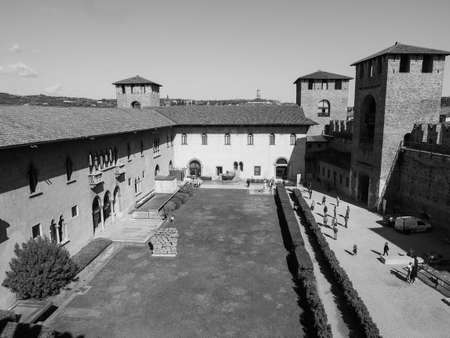 VERONA, ITALY - CIRCA MARCH 2019: Castelvecchio (meaning Old Castle) in black and whiteのeditorial素材