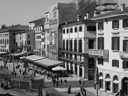 VERONA, ITALY - CIRCA MARCH 2019: View of the city centre in black and white