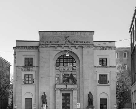 VERONA, ITALY - CIRCA MARCH 2019: Palazzo dei Mutilati (House of the Mutilated). In sacrificio triumphans means Triumphant in sacrifice in black and whiteのeditorial素材