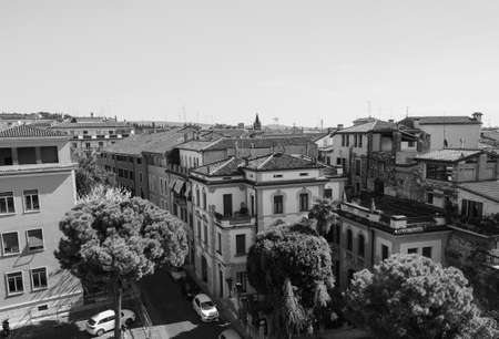 VERONA, ITALY - CIRCA MARCH 2019: Aerial view of the city of Verona in black and white