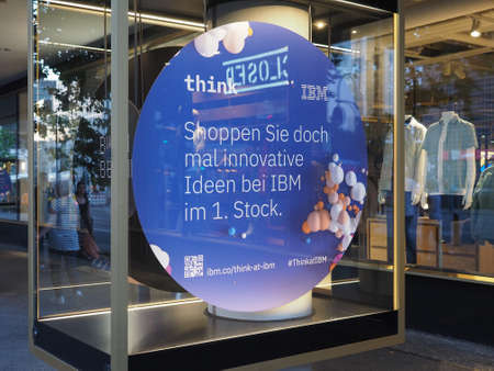 BERLIN, GERMANY - CIRCA JUNE 2019: Think IBM store. German text means Shop for innovative ideas at IBM at 1st floorのeditorial素材