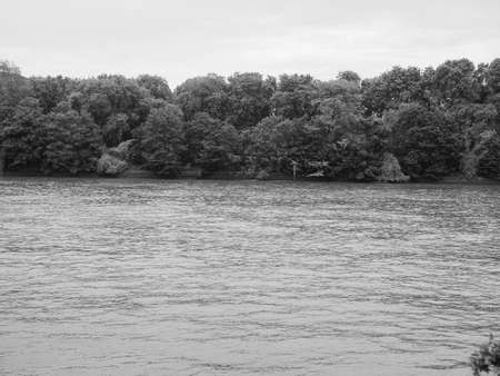 Panoramic view of River Thames in Chelsea, London, UK in black and white
