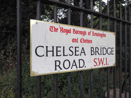 LONDON, UK - CIRCA JUNE 2019: Chelsea Bridge Road SW1 sign in the Royal Borough of Kensington and...