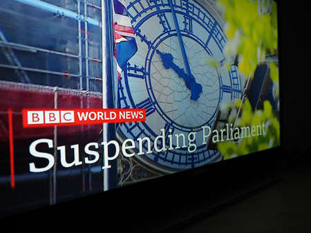 LONDON, UK - CIRCA AUGUST 2019: BBC world news screen showing breaking news about PM Boris Johnson...
