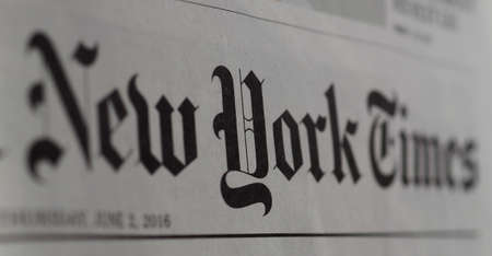 NEW YORK, USA - CIRCA AUGUST 2019: New York Times newspaper header sign