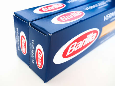 PARMA, ITALY - CIRCA AUGUST 2019: Barilla logo on a packet of pastaのeditorial素材