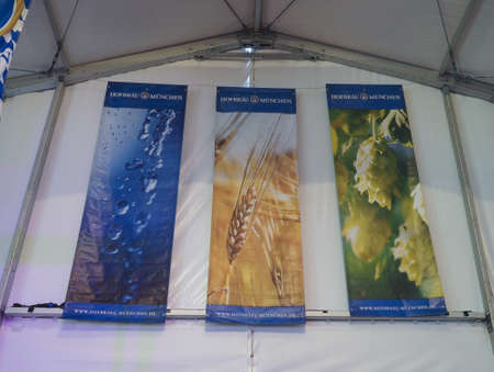 MUENCHEN, GERMANY - CIRCA OCTOBER 2019: Hofbraeu billboard with beer ingredients water, barley and hop based on 1516 beer purity lawのeditorial素材