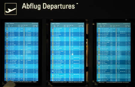KOELN, GERMANY - CIRCA AUGUST 2019: Abflug (Departures) and Ankunft (Arrivals) time table screens at Koeln Bonn Airportのeditorial素材