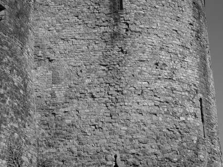 Ruins of Chepstow Castle (Castell Cas-gwent in Welsh) in Chepstow, UK in black and whiteの写真素材