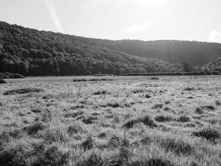 View of the countryside in Tintern, UK in black and white