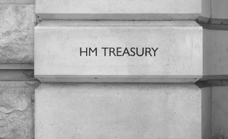 HMRC (Her Majesty Treasury) sign in London, UK in black and whiteの写真素材