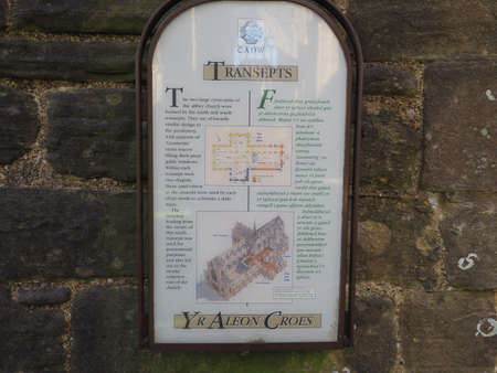 TINTERN, UK - CIRCA SEPTEMBER 2019: Tintern Abbey (Abaty Tyndyrn in Welsh) sign
