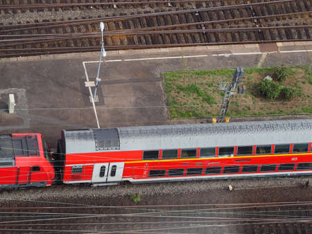 KOELN, GERMANY - CIRCA AUGUST 2019: Regional train aerial view