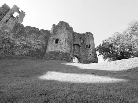 Ruins of Chepstow Castle (Castell Cas-gwent in Welsh) in Chepstow, UK in black and whiteのeditorial素材