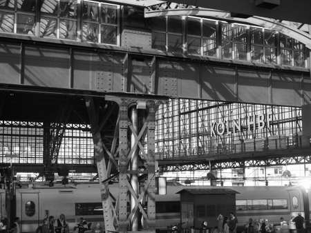KOELN, GERMANY - CIRCA AUGUST 2019: Hauptbahnhof (meaning Central Station) in black and white