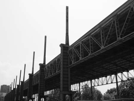 Industrial ruins of a factory at Parco Dora park in Turin, Italy in black and whiteの写真素材
