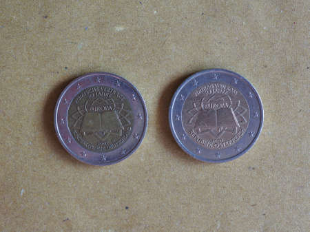 Roemische Vertraege aka Vertrag von Rom (translation: Roman Treaty) German and Austrian Euro coinsの写真素材