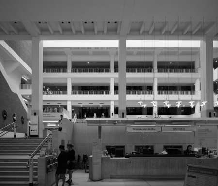 LONDON, UK - CIRCA SEPTEMBER 2019: The British Library, national library of the United Kingdom in black and whiteのeditorial素材